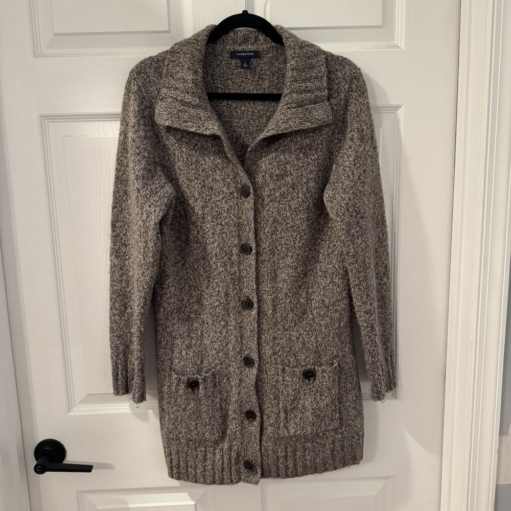 Lands End Drifter Cable Knit Cardigan Women's M Brown Tweed‎ Fisherman Boyfriend